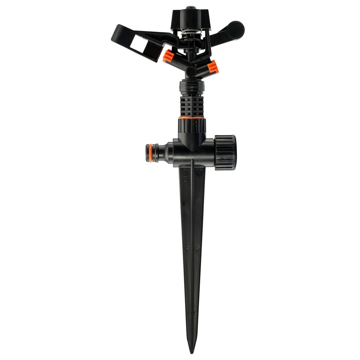 Pulsierender Rasensprenger mit Sprühkopf oben und Erdspieß unten, orange Details am Mechanismus