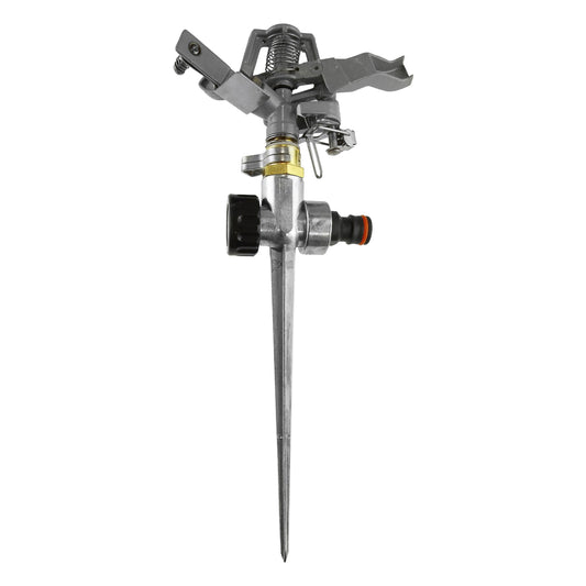 Metal pulsating lawn sprinkler with spike, brass collar, side outlet