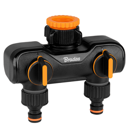 Orange/black 2-way tap splitter with two valve knobs and outlet connections