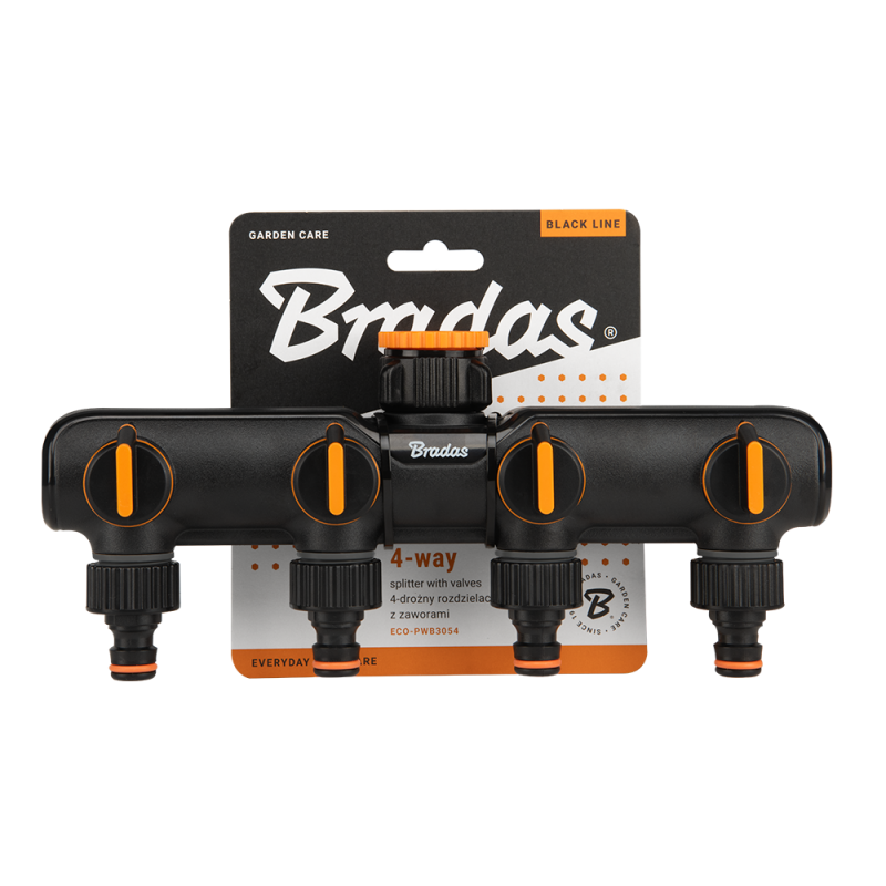 4-way tap splitter orange and black with four valves, shown with product card