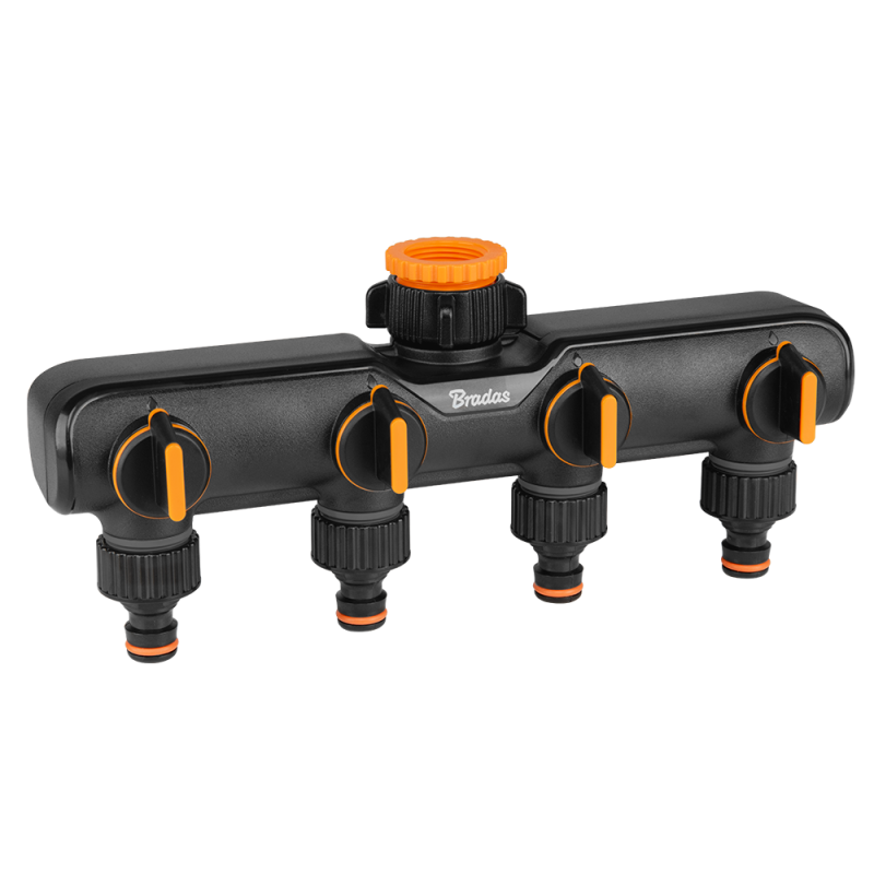 4-way tap splitter orange and black with four valves and control knobs
