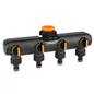 4-way tap splitter orange and black with four valves and control knobs