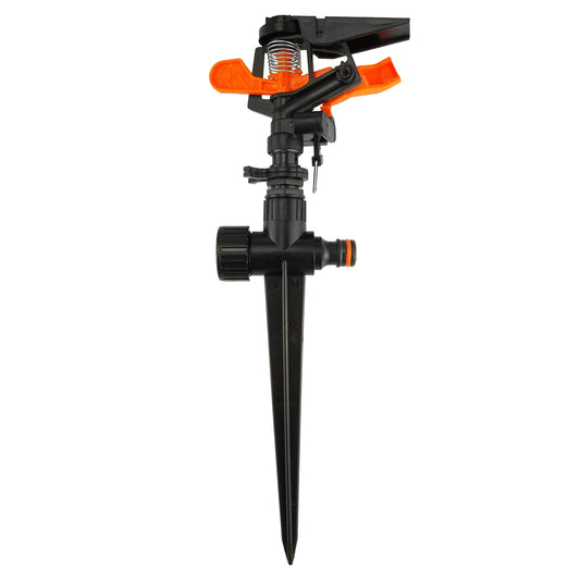 Adjustable eco sprinkler with spike, orange/black pulsating spray head