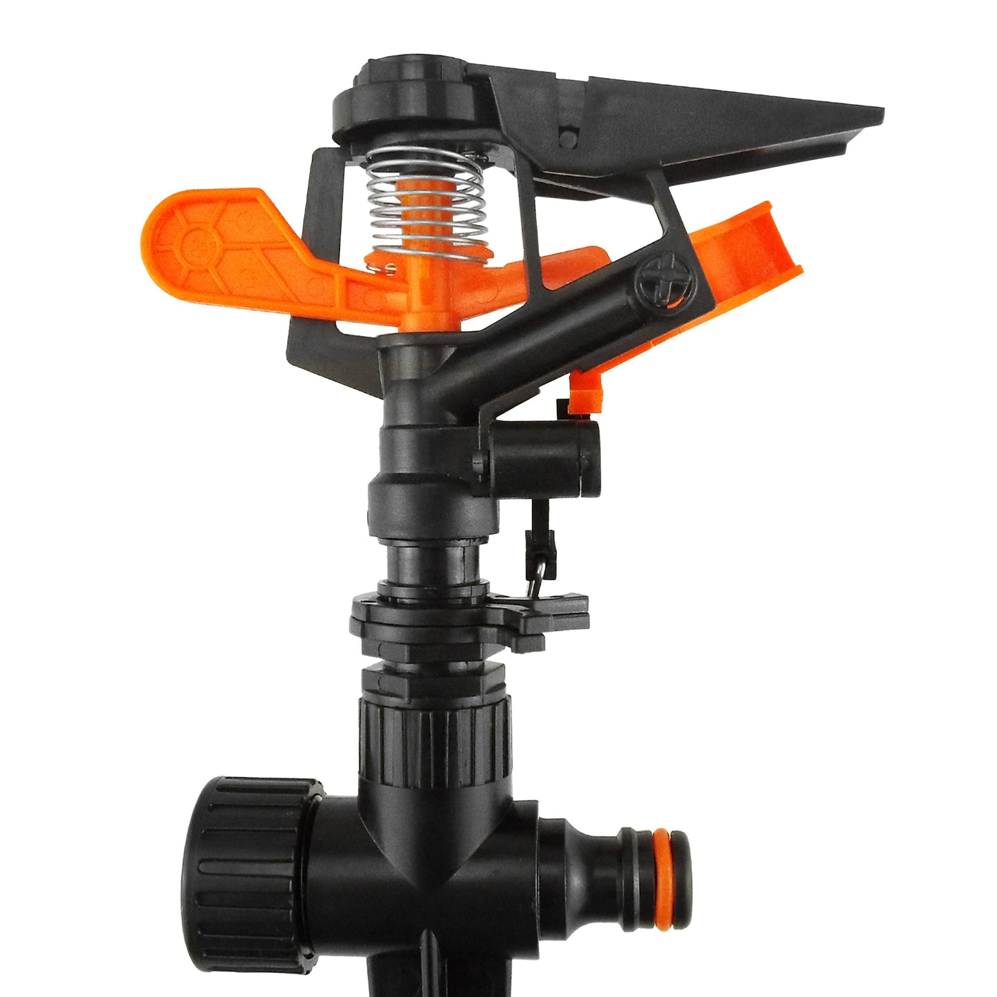 Close-up of adjustable sprinkler top on spike, orange spring and black parts