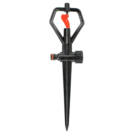 Rotary Butterfly lawn sprinkler on spike, black body with orange spray nozzle
