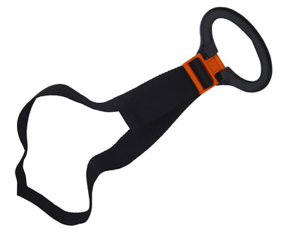 Garden hose strap holder, black sling with orange connector and oval hanging handle