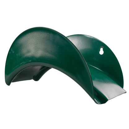 Green metal hose hanger cradle with curved support and small mounting holes