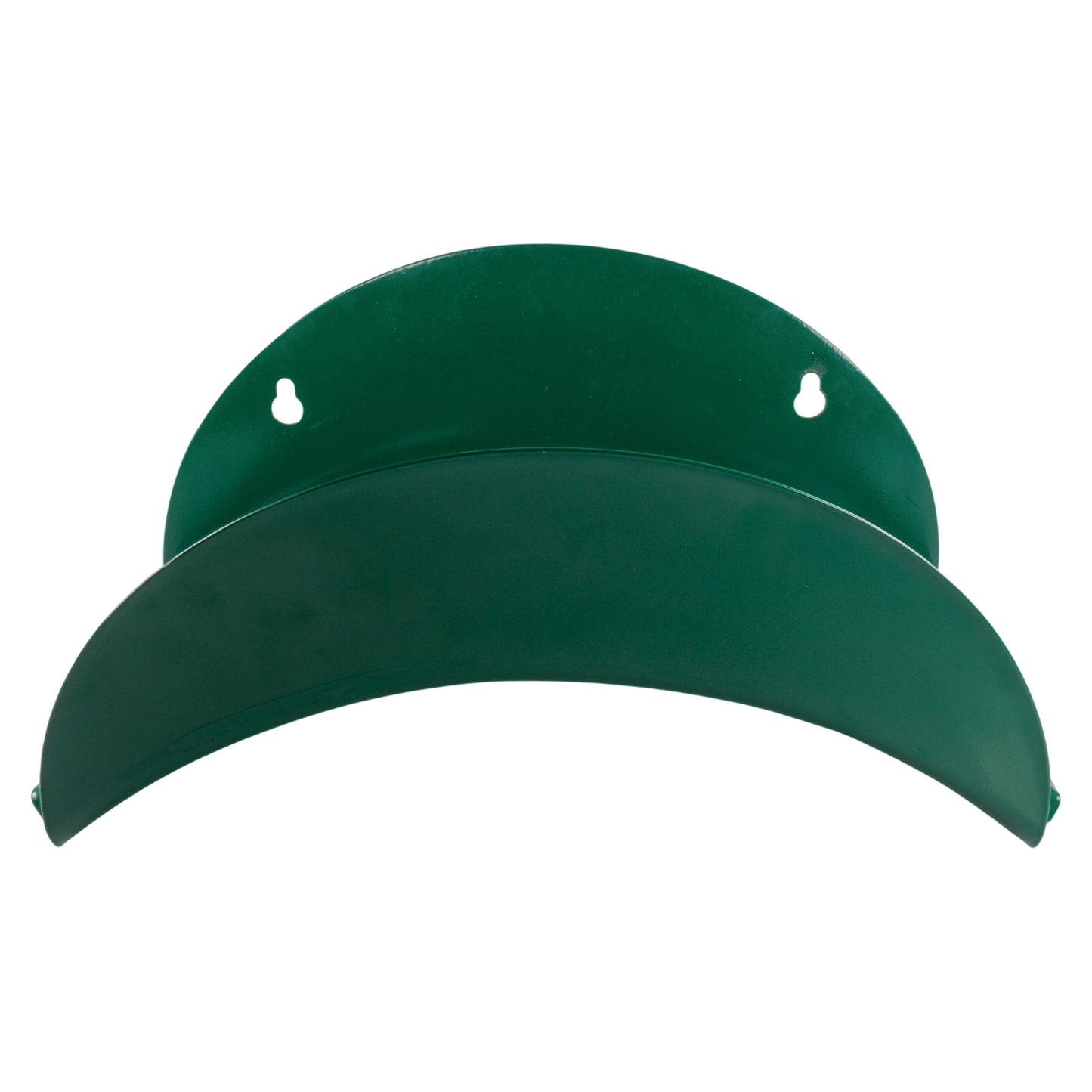 Green metal hose hanger bracket with two white mounting holes on top