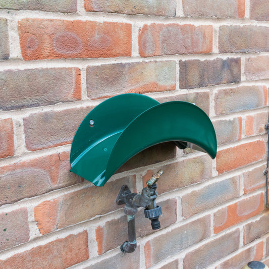 Green metal hose hanger wall bracket with curved hose cradle and mounting bolts