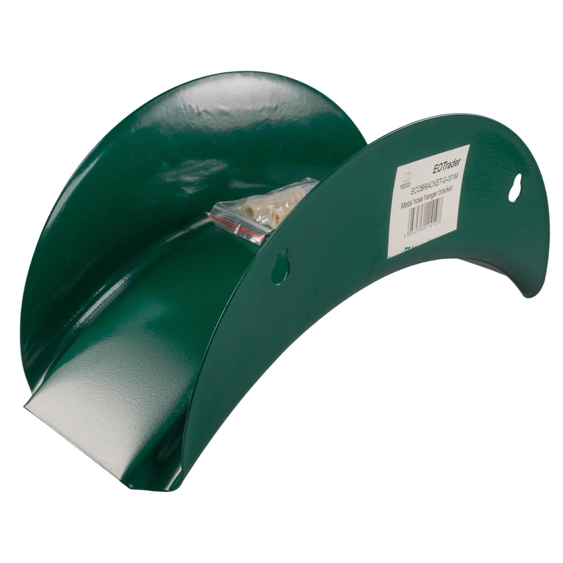 Green metal hose hanger bracket with central label and included screws