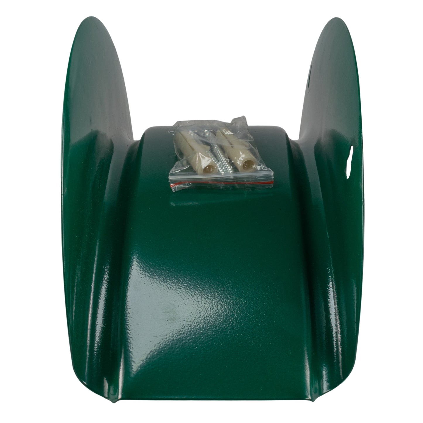 Green metal hose hanger bracket with hardware pack on top