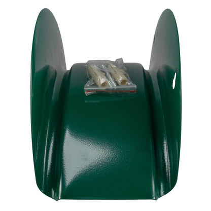 Green metal hose hanger bracket with hardware pack on top