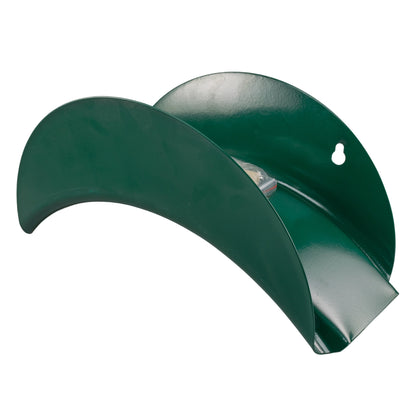 Green metal hose hanger with curved cradle and open underside for a hose