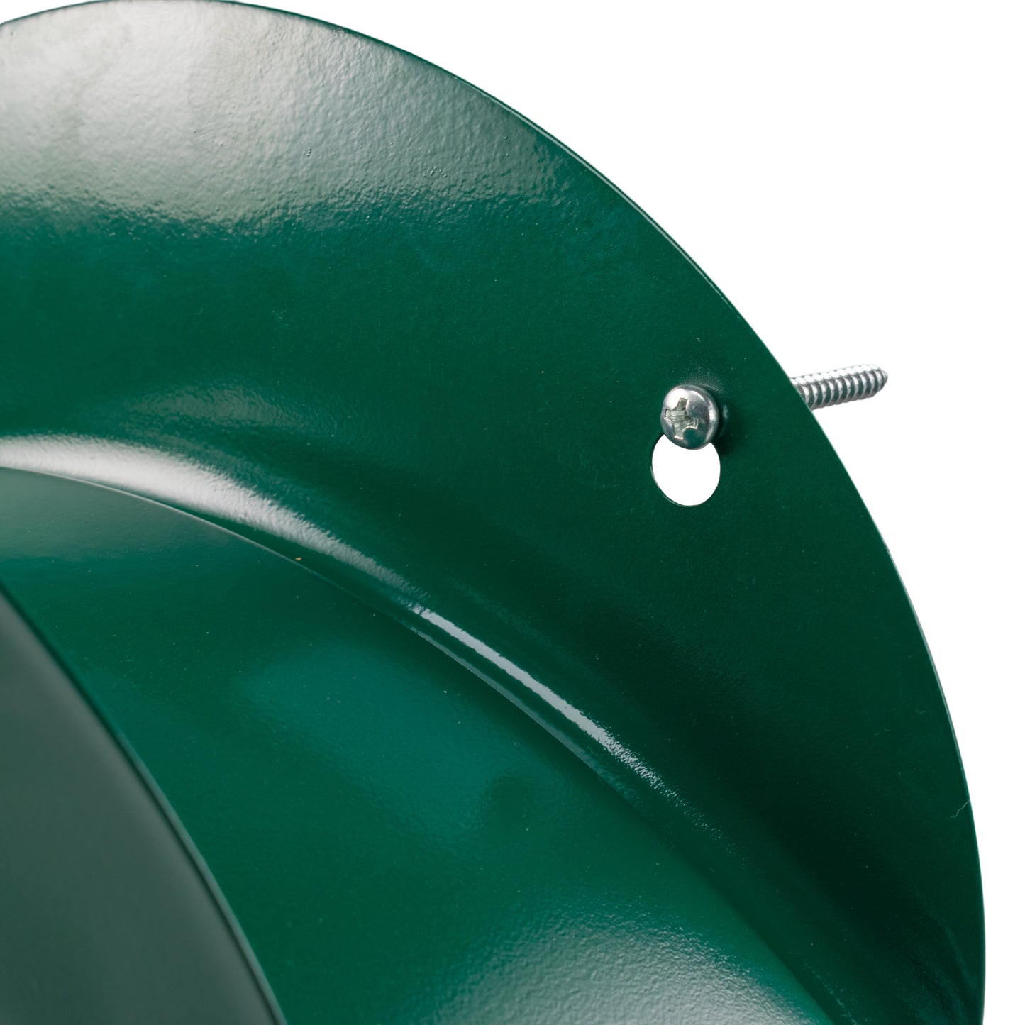 Green metal hose hanger close-up showing screw hole and smooth curved surface