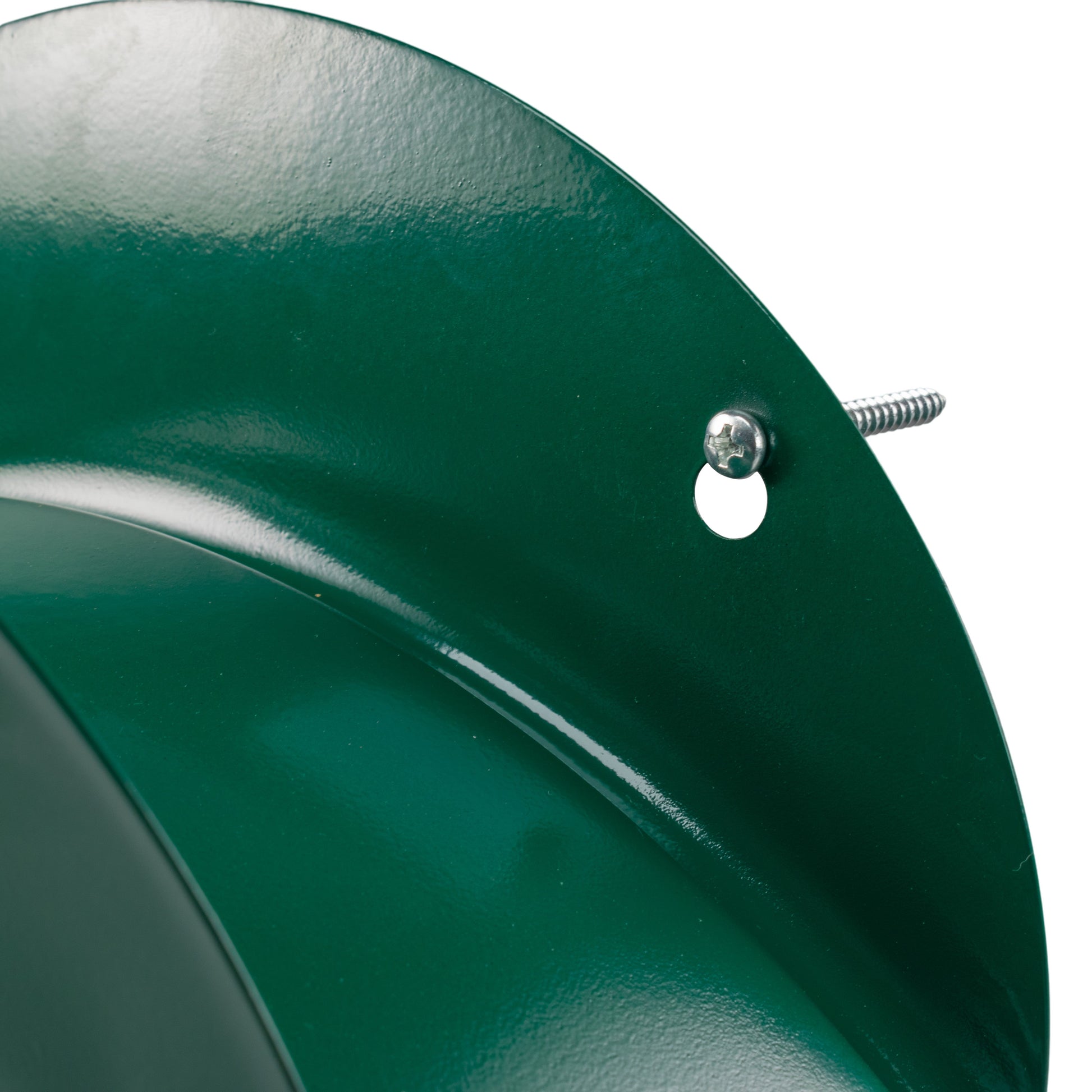 Green metal hose hanger close-up showing screw hole and smooth curved surface