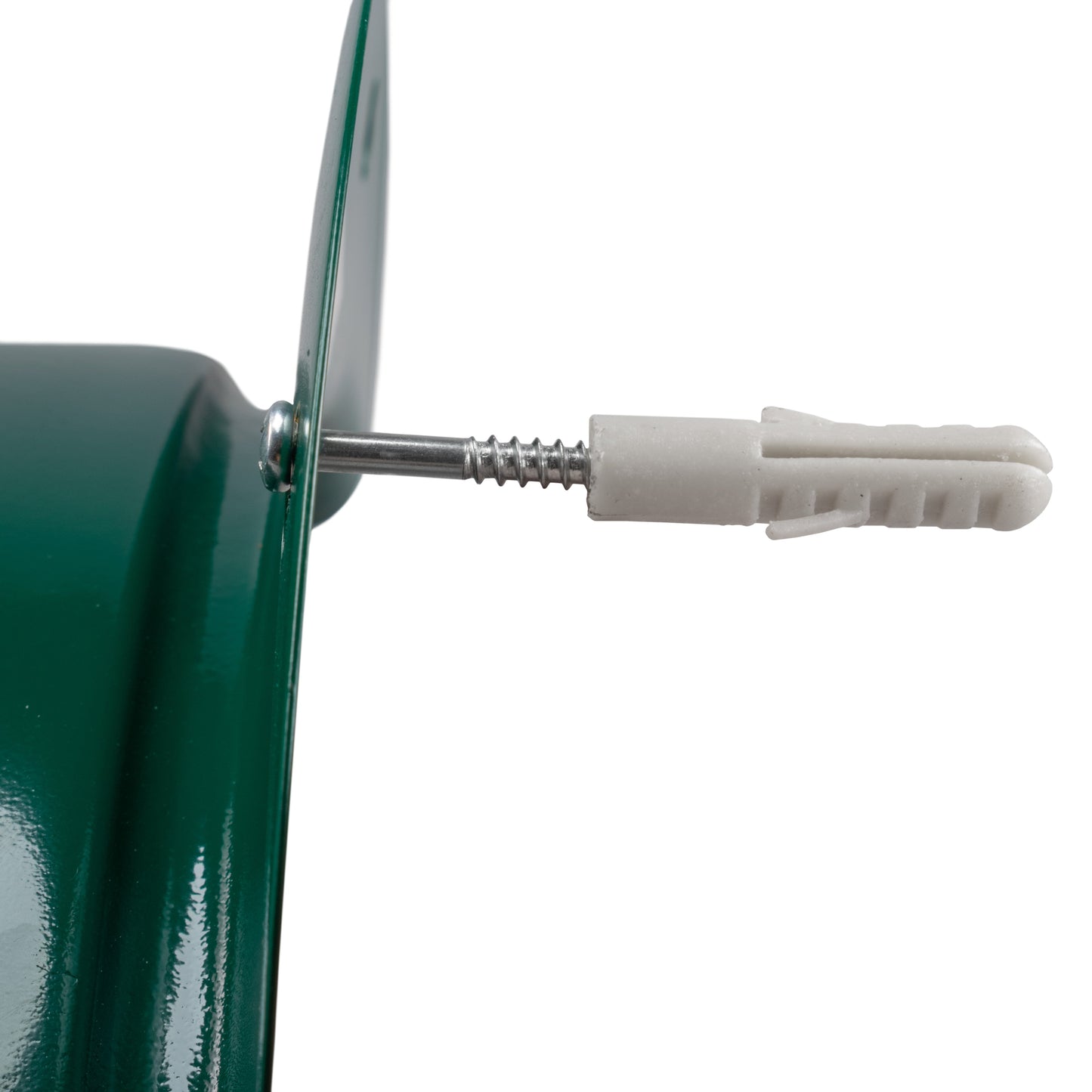 Green metal hose hanger with threaded mounting screw and white plastic anchor