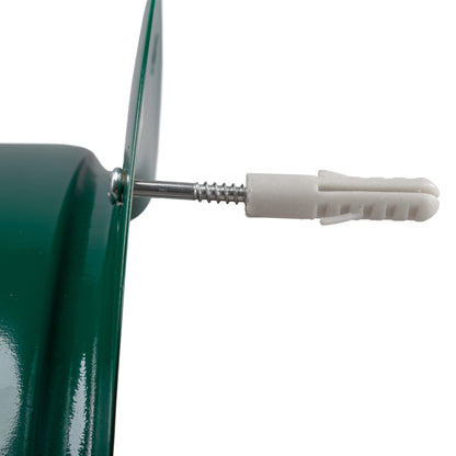 Green metal hose hanger with threaded mounting screw and white plastic anchor