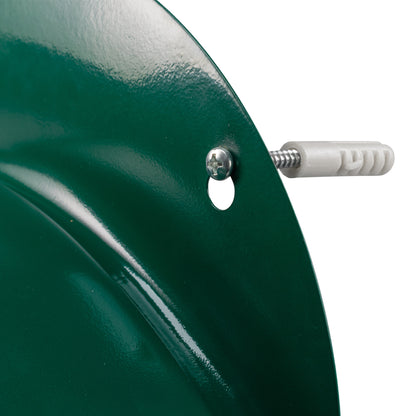 Green metal hose hanger close-up of mounting screw through bracket plate