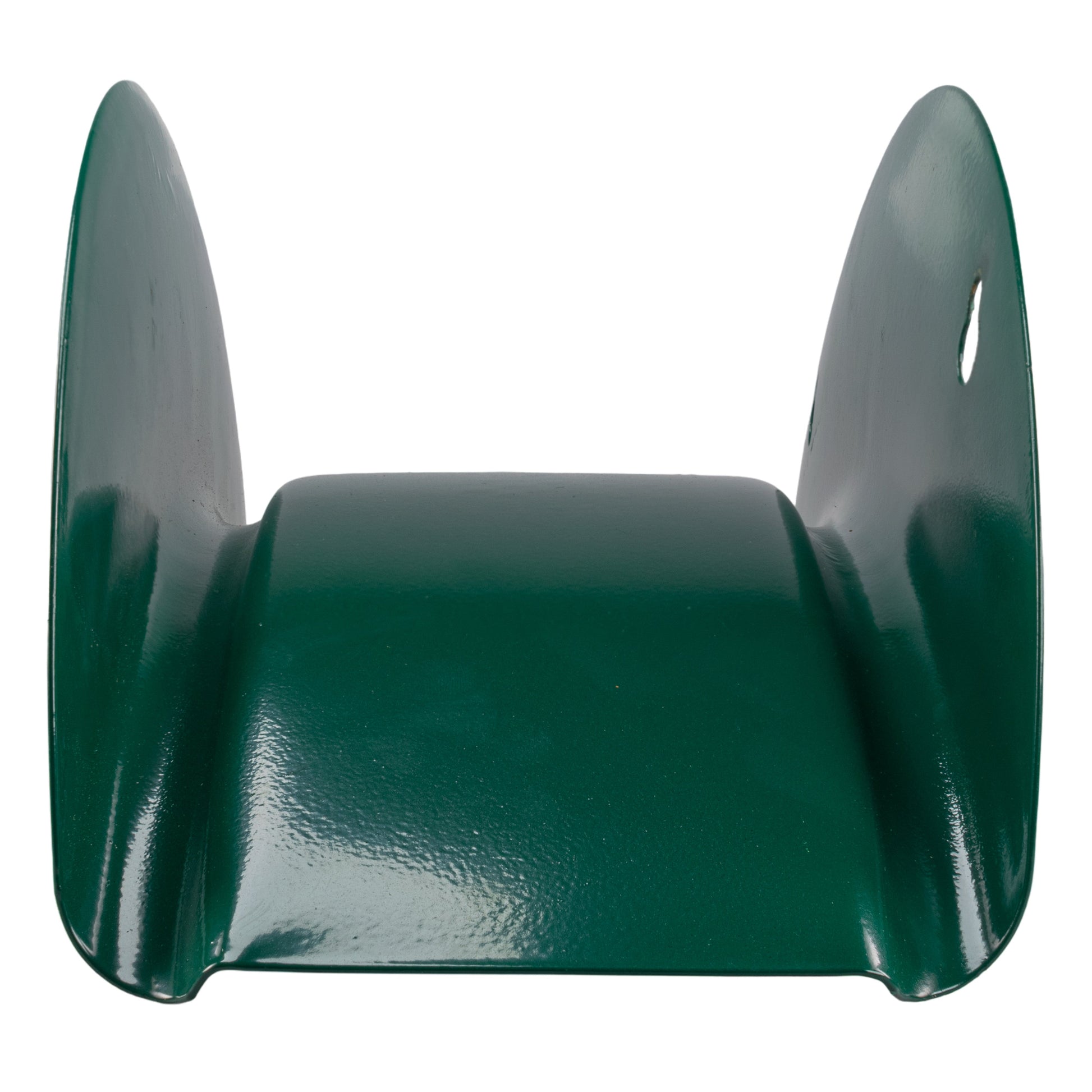 Green metal hose hanger with U-shaped cradle and raised side hooks