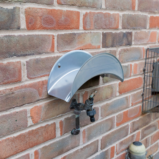 Metal hose hanger with curved bracket and mounting hardware, light blue finish