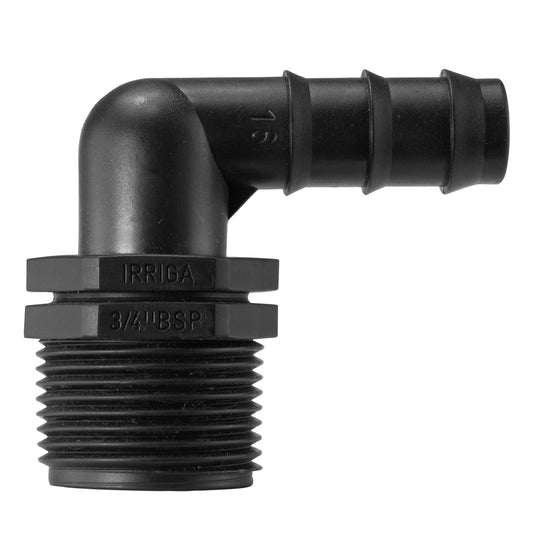Elbow fitting ¾" BSP with 16mm barbed end, black plastic
