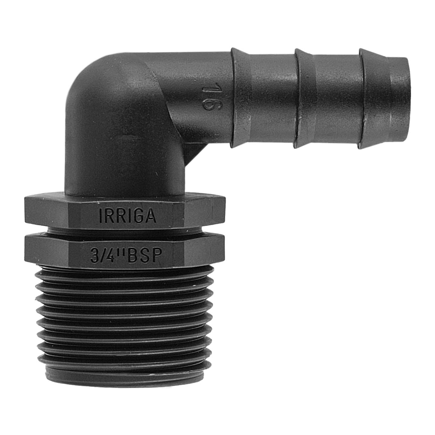 Black barbed elbow with IRRIGA marking and 3/4" BSP thread on outlet