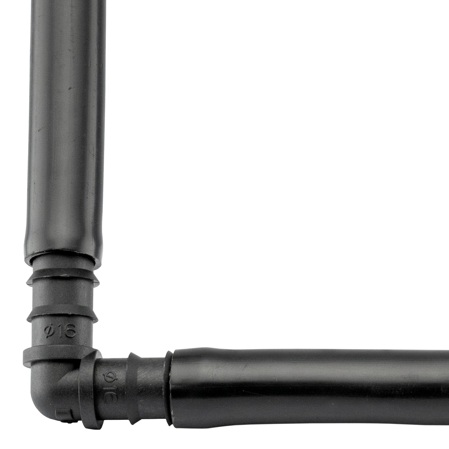 Close-up of black barbed elbow-to-pipe connector with embossed size marks