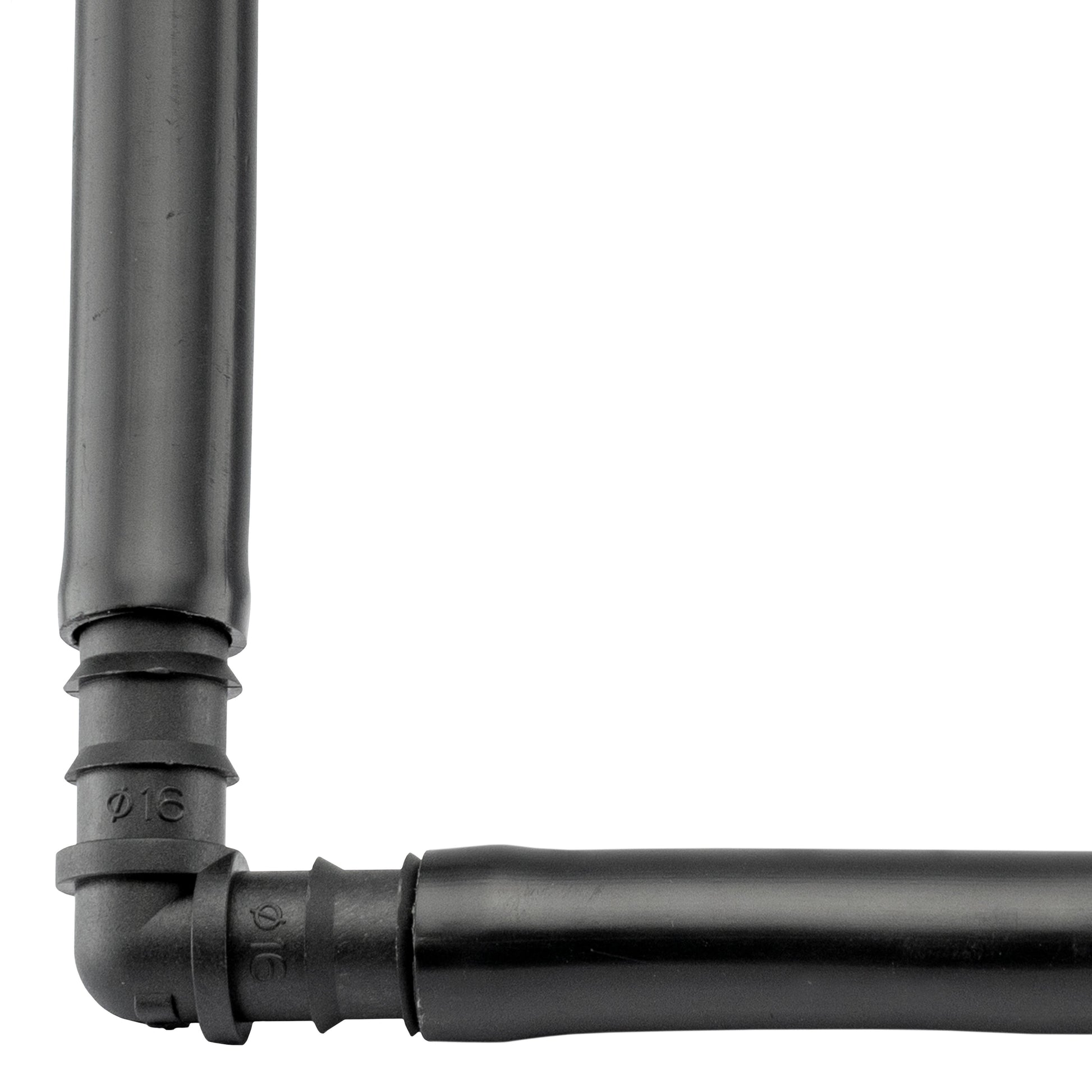 Close-up of black barbed elbow-to-pipe connector with embossed size marks