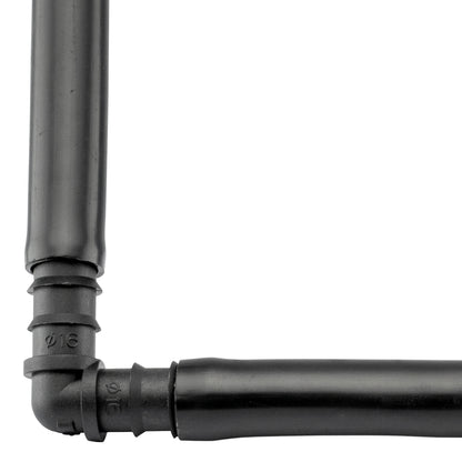 Close-up of black barbed elbow-to-pipe connector with embossed size marks