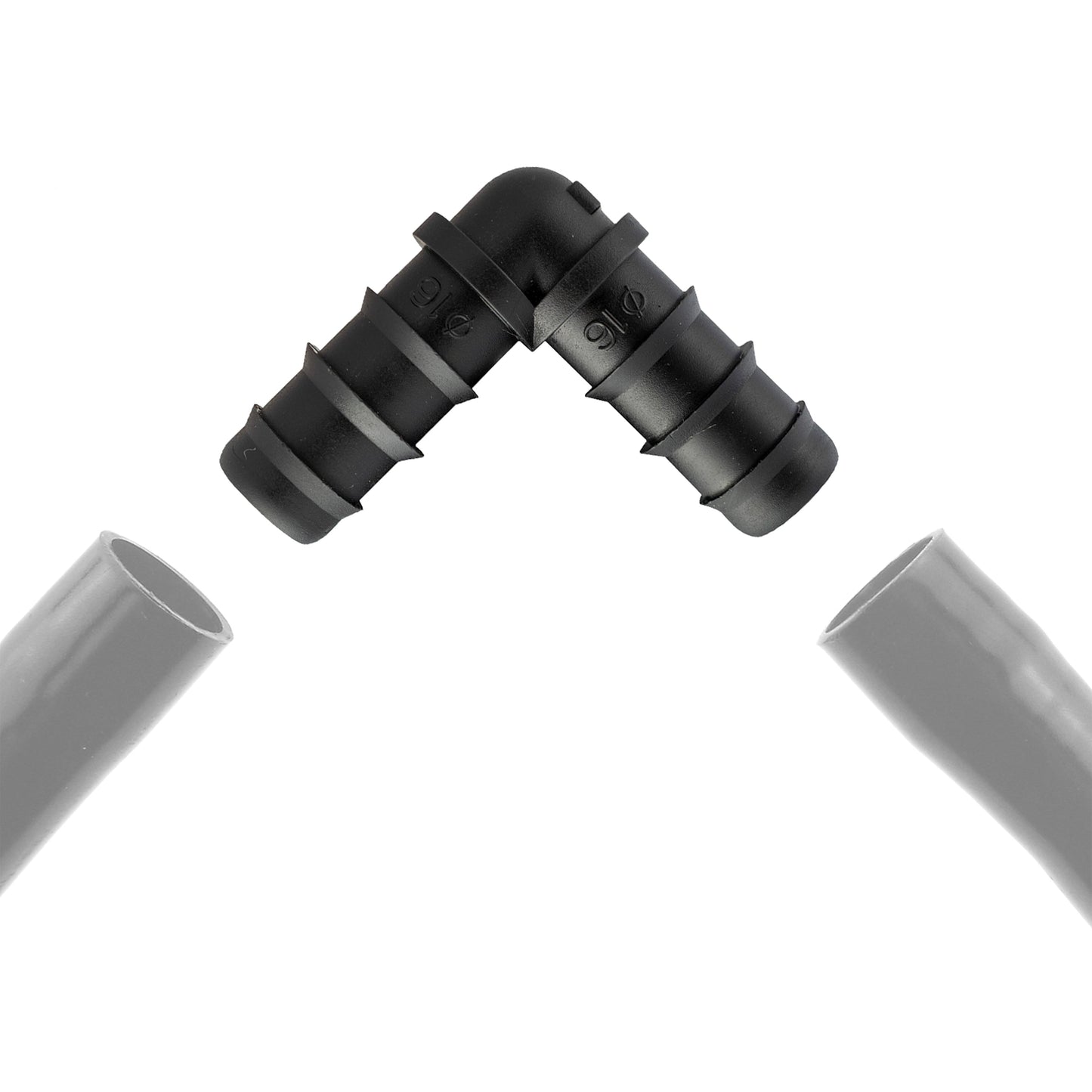 Black barbed elbow connector with two barbed ends and connection ridges