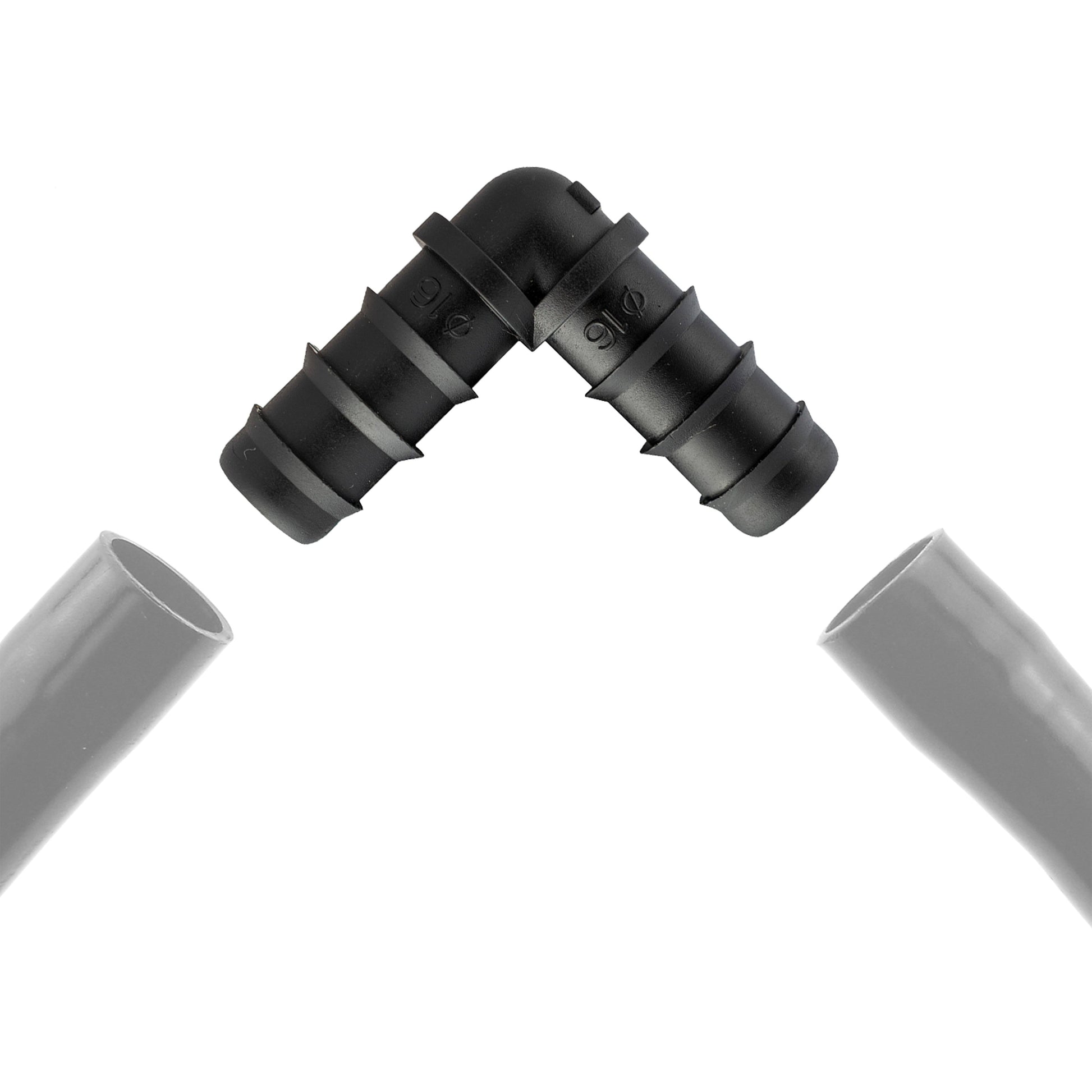 Black barbed elbow connector with two barbed ends and connection ridges