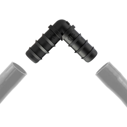 Black barbed elbow connector with two barbed ends and connection ridges