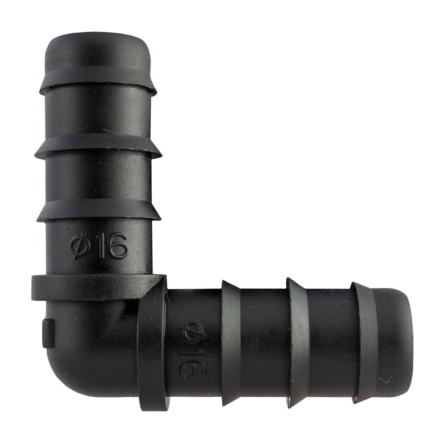 Close-up black barbed elbow connector with embossed Ø16 marking