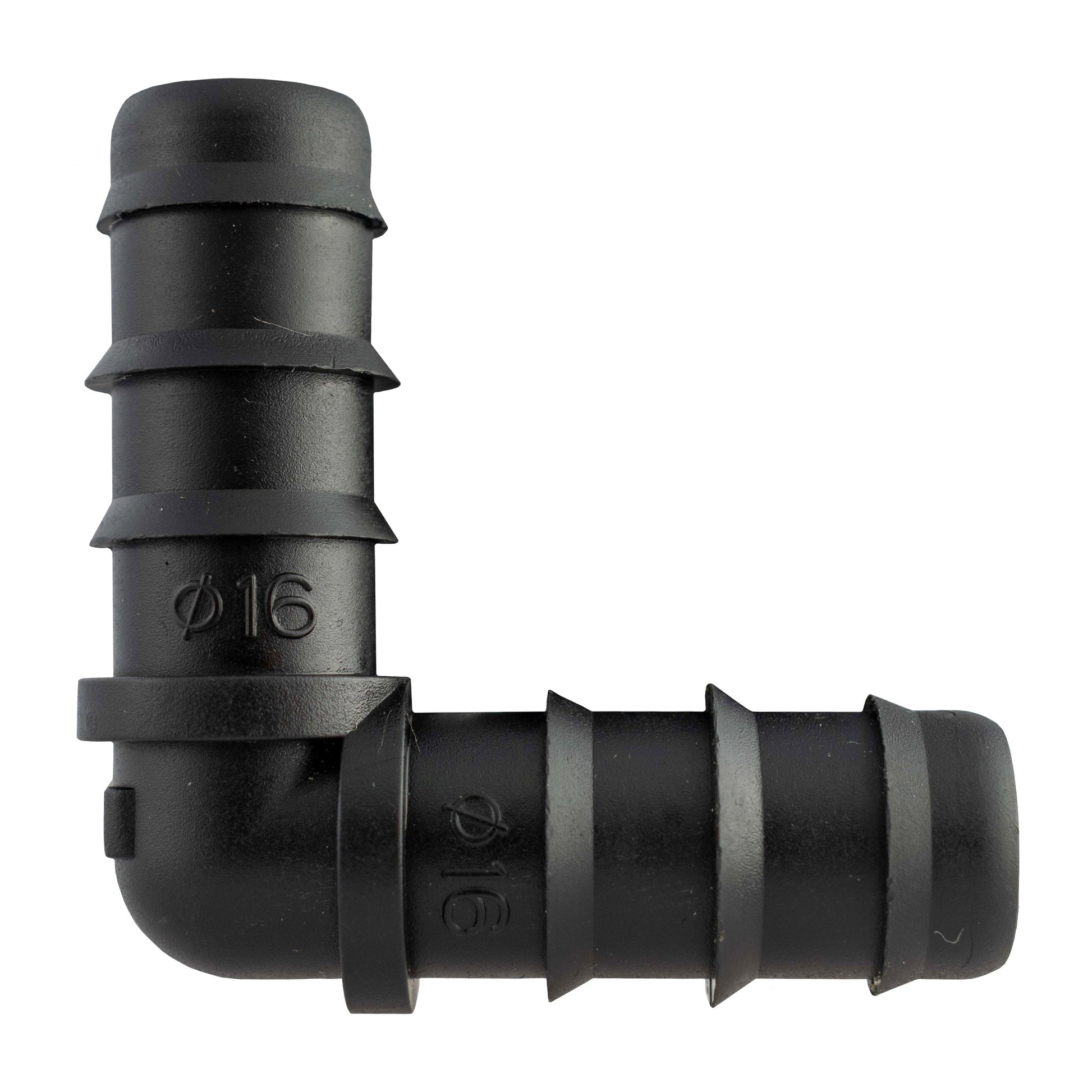 Close-up black barbed elbow connector with embossed Ø16 marking