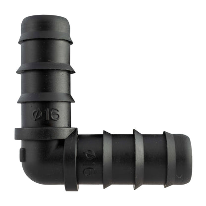 Close-up black barbed elbow connector with embossed Ø16 marking
