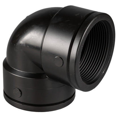 Black PP elbow 2" BSPF with ribbed male thread on the right connection