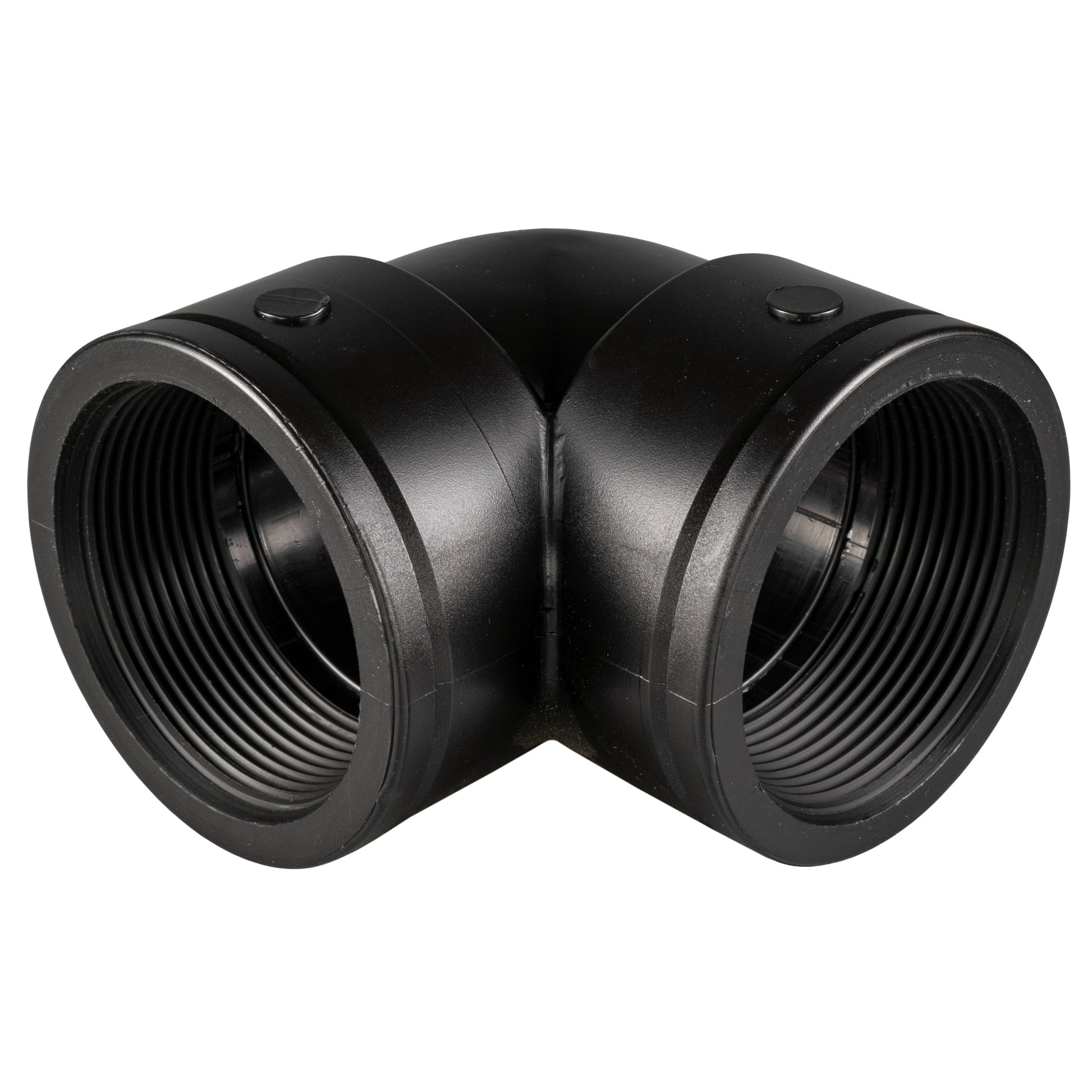 Black PP 2" BSPF elbow with two male threaded openings on angled ends