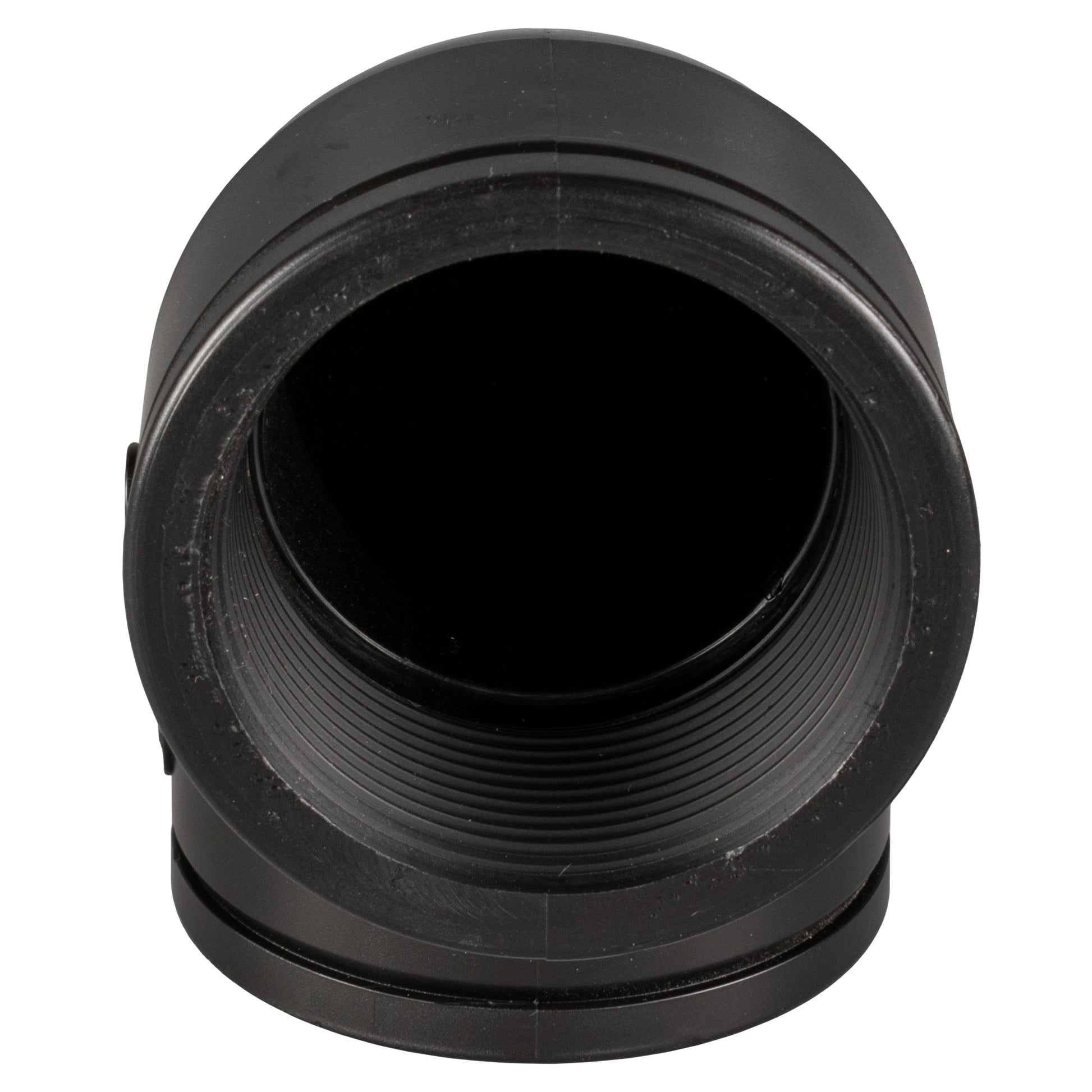 Black PP elbow 2" BSPF, end view showing internal ribbed thread
