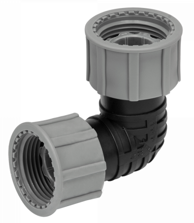 1" BSP female swivel elbow fitting, grey and black, two threaded female ends