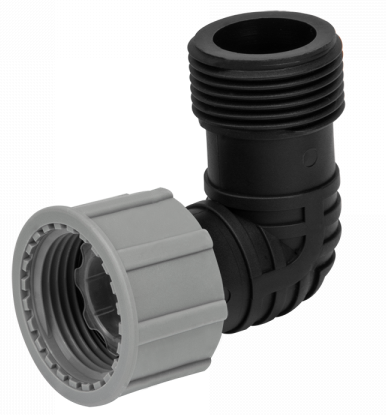 Swivel elbow BSP 1-inch male/female fitting, black and grey, threaded ends