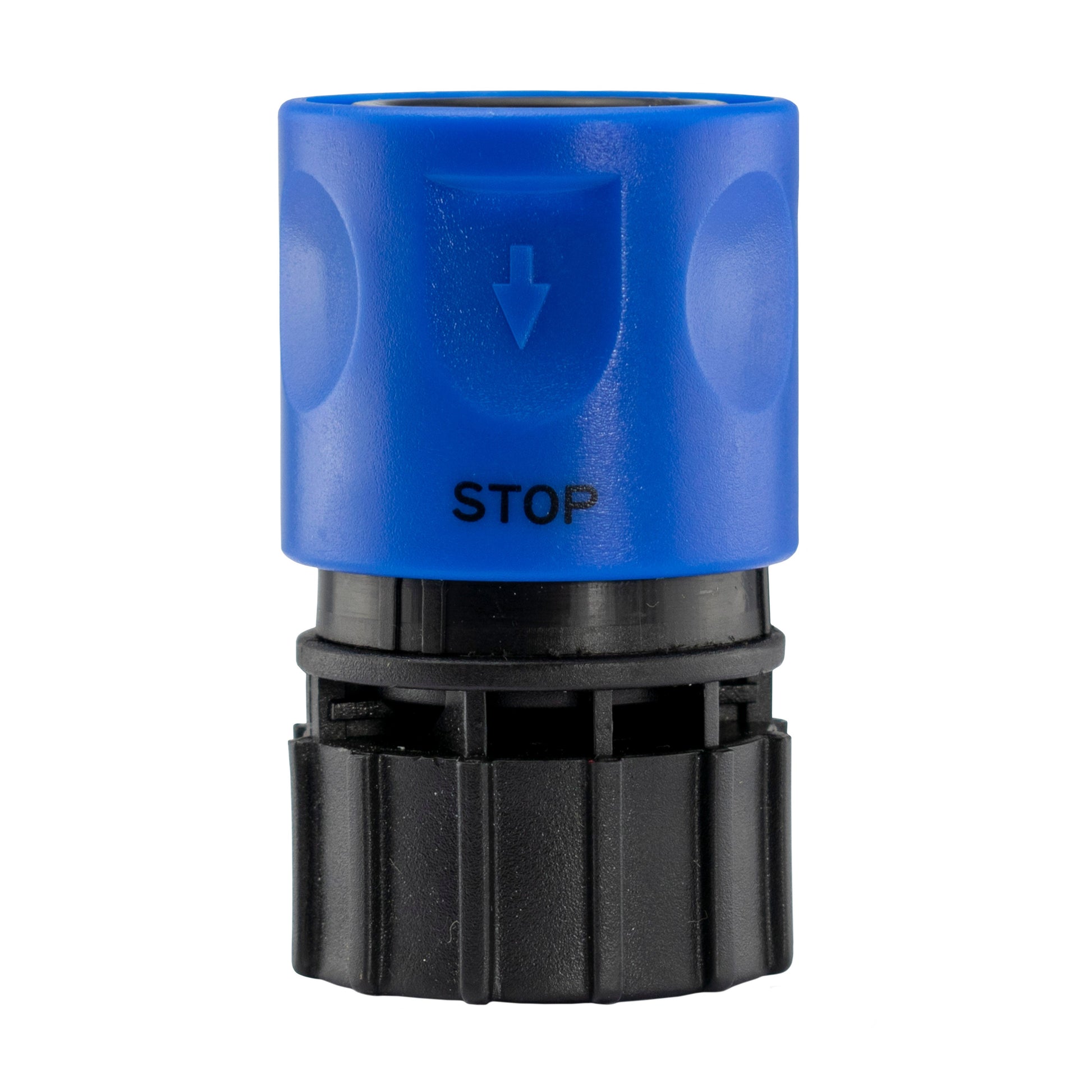 Blue quick connector with STOP arrow marking and black locking collar