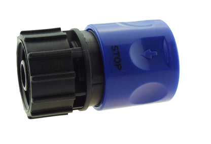 16mm barbed BSPF quick-connect stop sleeve with arrow marking, blue/black