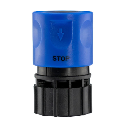 Blue stop cap with arrow marking on quick-connect hose coupler; black base ring