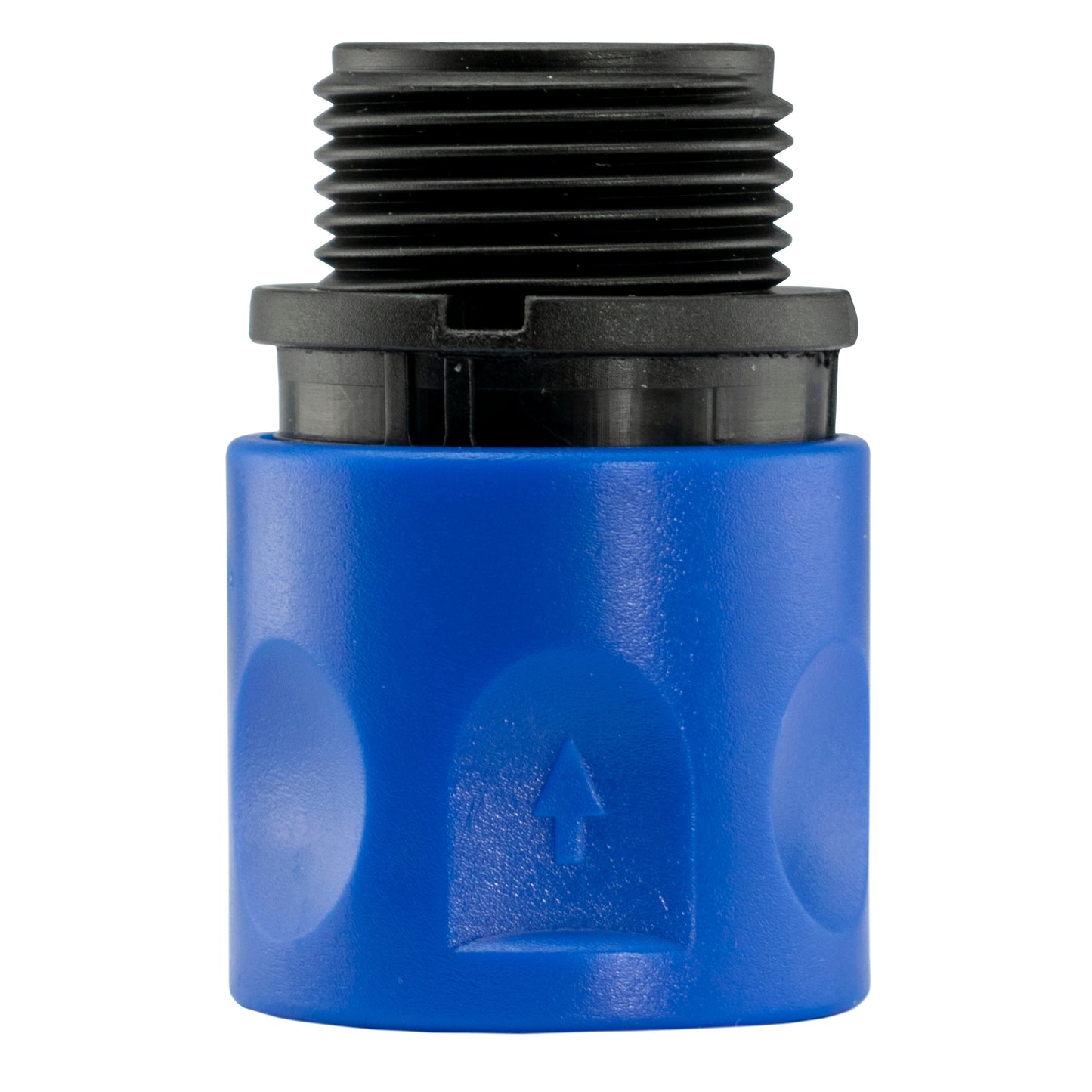 Blue MDPE threaded connector with black collar and male thread end