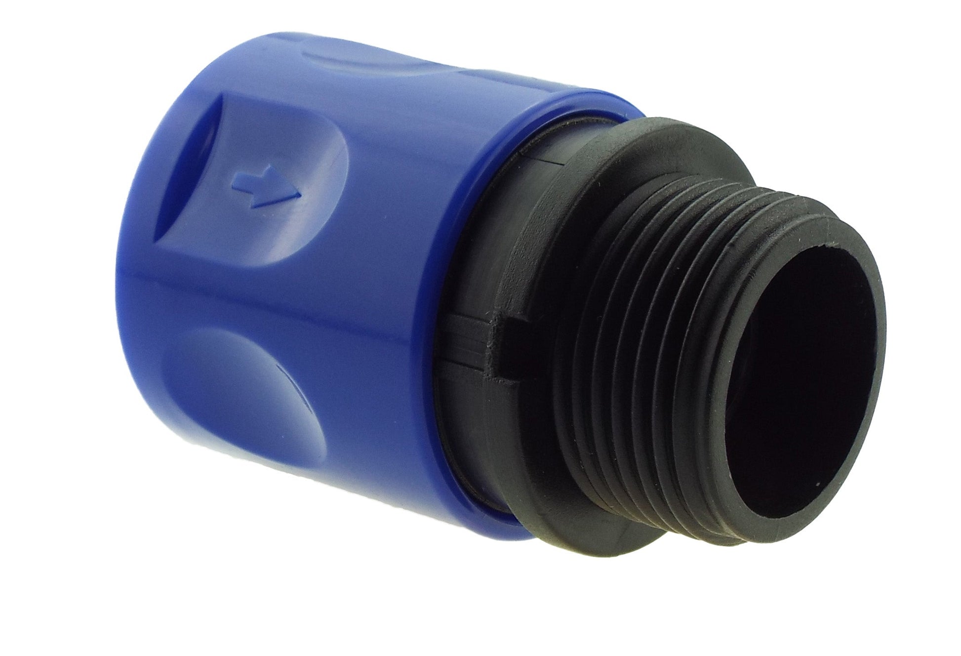 Blue barbed hose connector with male thread end and black sealing ring
