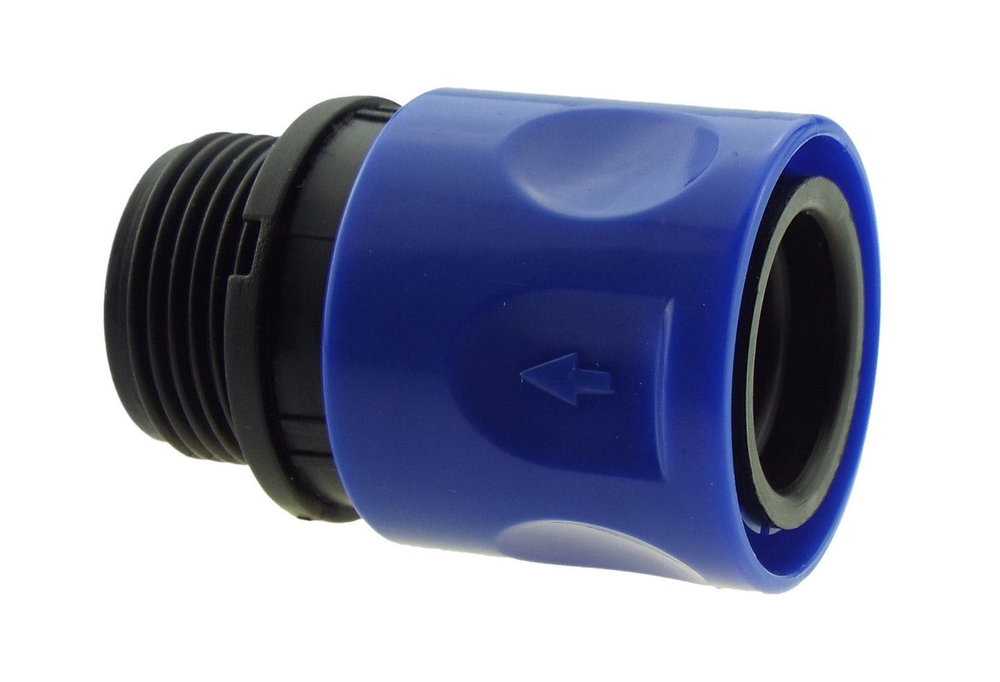 Blue straight barbed hose fitting with black threaded section and arrow mark