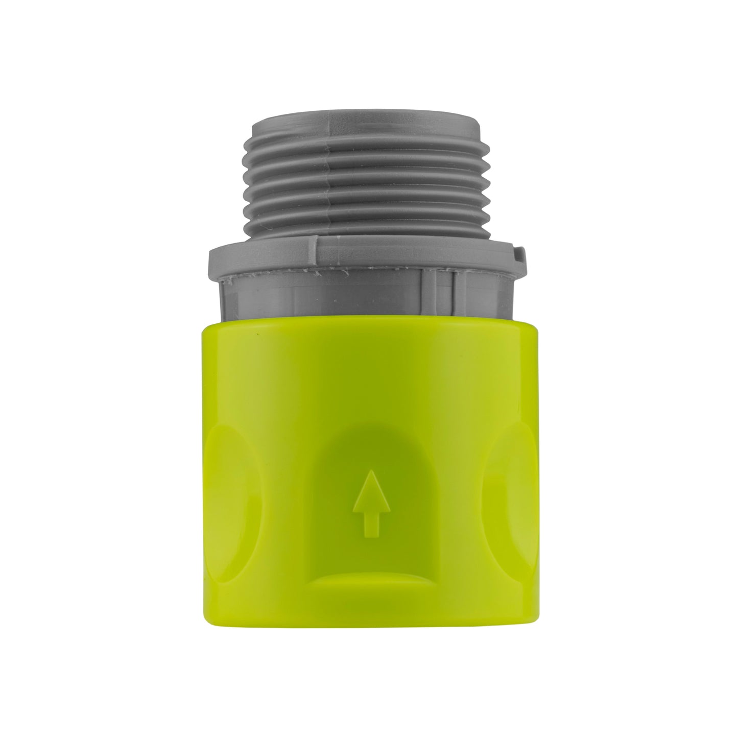 Female quick-connector end with grey threaded section and lime body, arrow mark