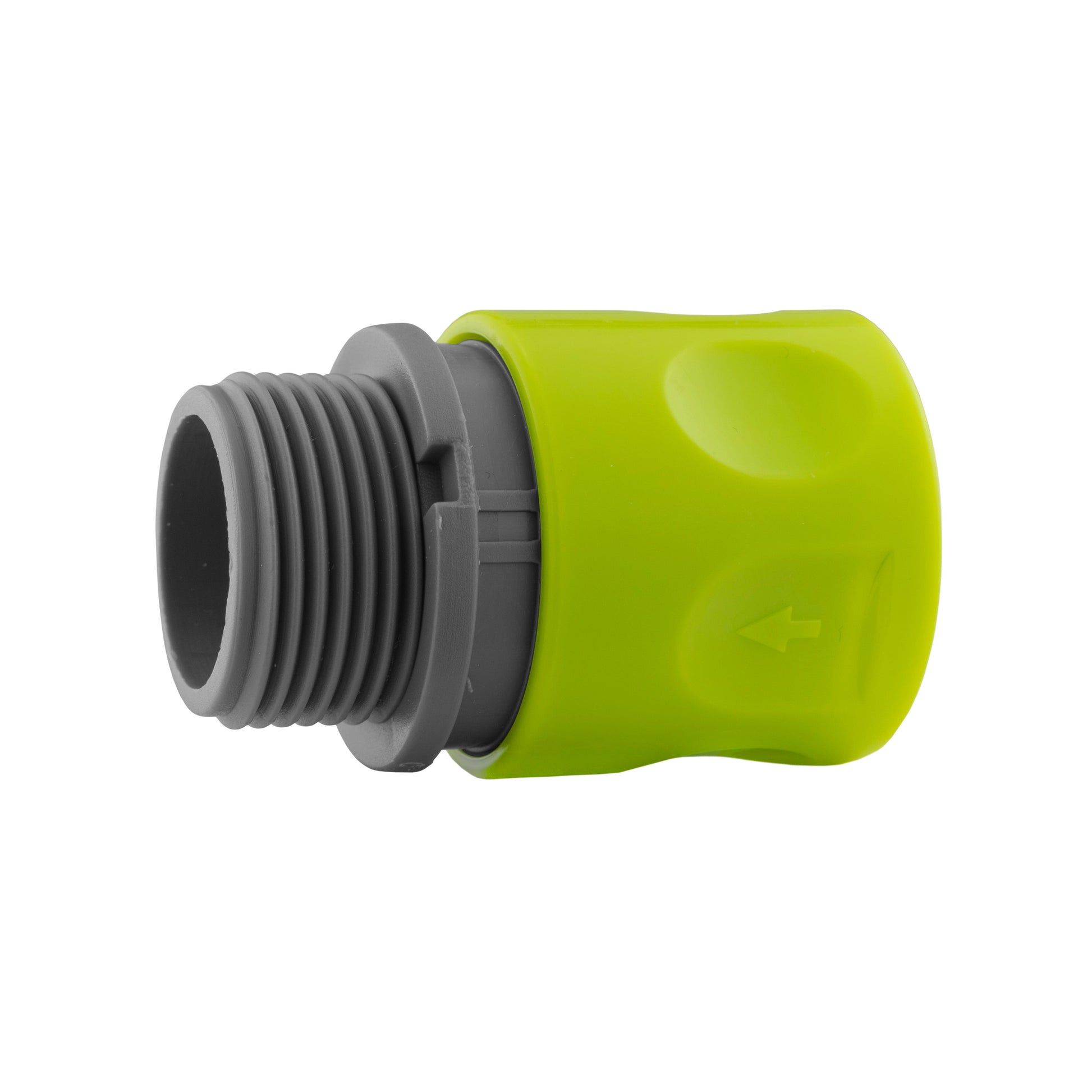 Green female quick connector with grey threads and arrow markings