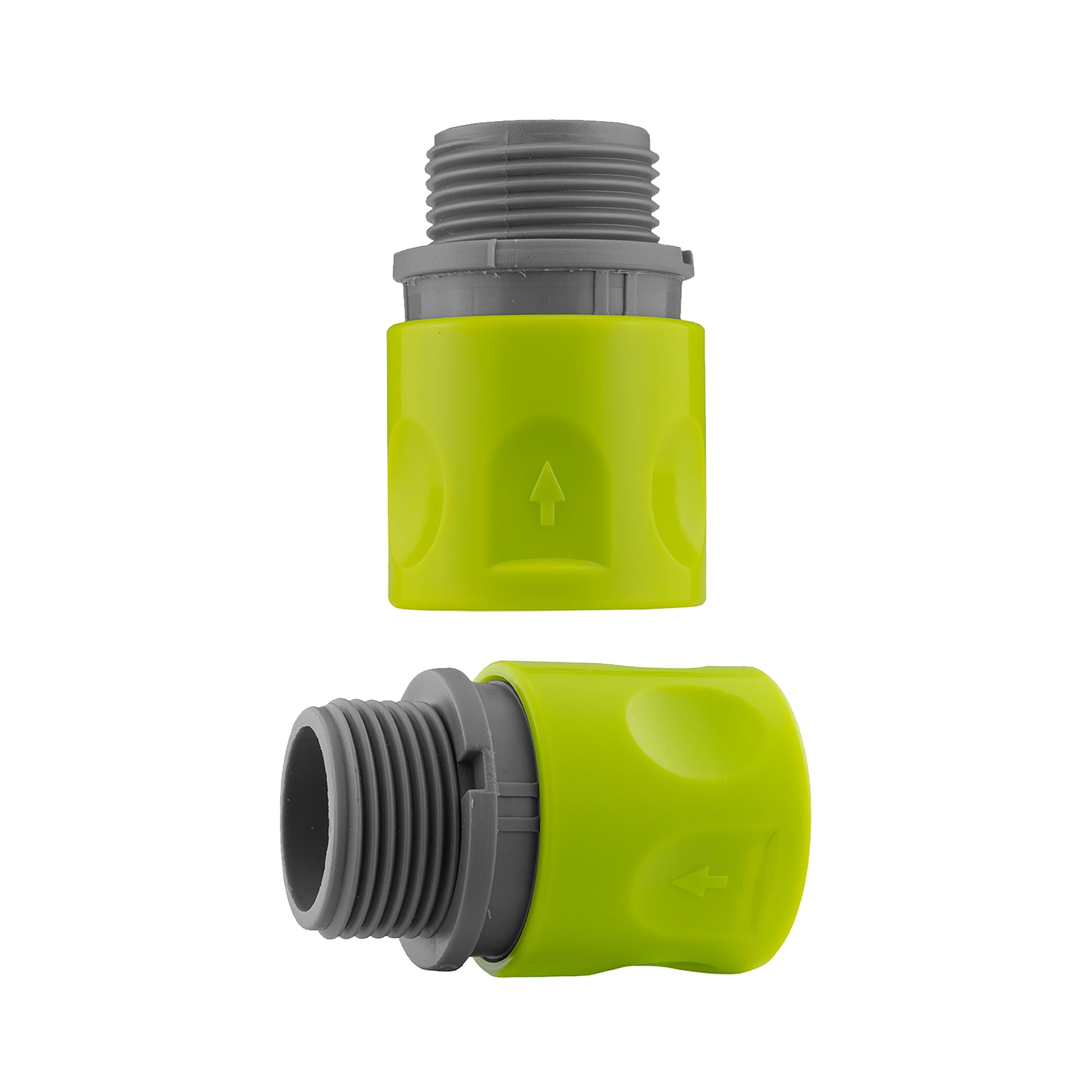 Lime plastic hose connector end with gray external threads
