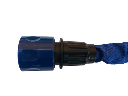 Blue expanding hose connector attached to blue mesh hose sleeve